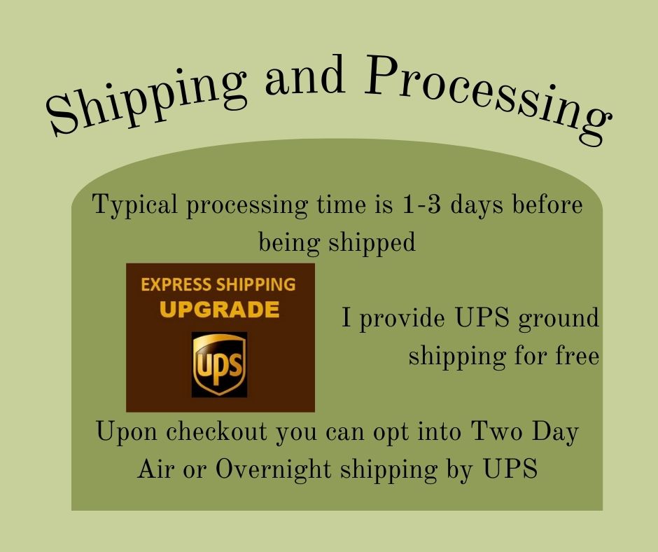 Shipping and Processing - Typical processing time is 1-3 days before being shipped                      I provide UPS ground       shipping for free  Upon checkout you can opt into Two Day Air or Overnight shipping by UPS