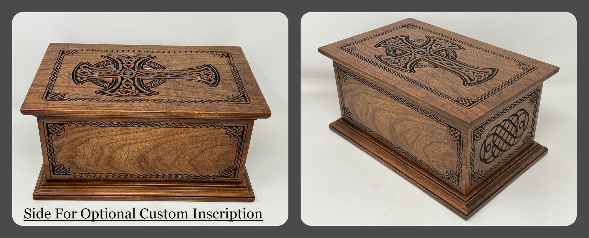 Two different angles showing the long side of the urn for human cremation ashes without the celtic knot so that it can be inscribed with the customers personalization/epitaph