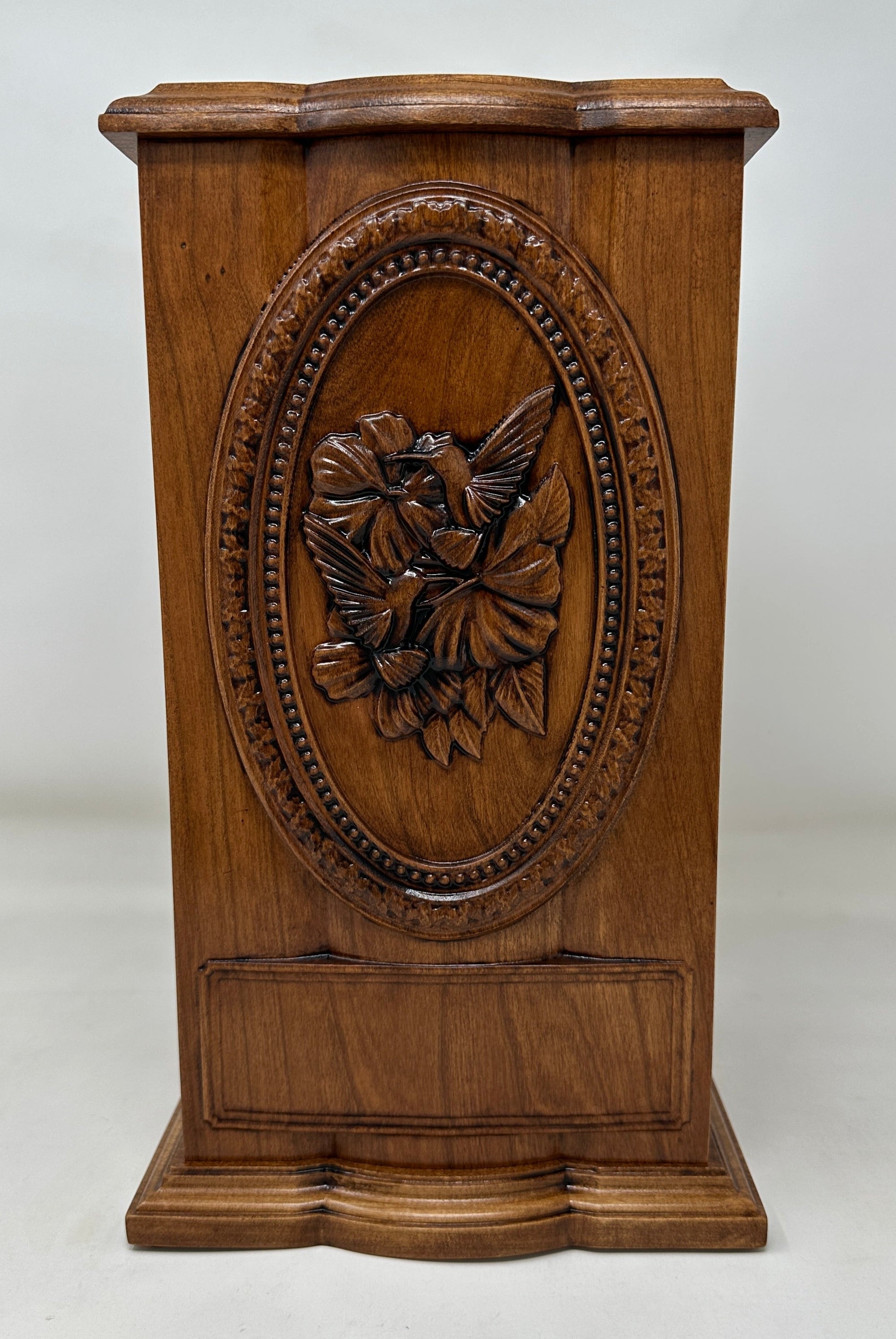 Hummingbirds and Flowers Urn for Human Ashes Carved in Cherry Hardwood Adult Size Front Side