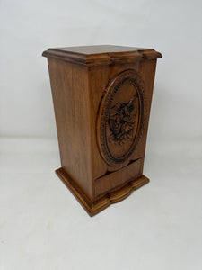 Hummingbirds and Flowers Urn for Human Ashes Carved in Cherry Hardwood Adult Size front and left side