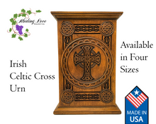 Load image into Gallery viewer, Celtic Cross Urn for Human Ashes carved in Cherry Hardwood in Keepsake, Adult, Oversize and Companion Sizes
