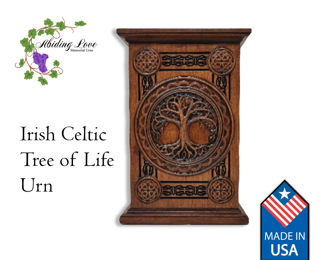 Celtic Tree of Life Urn circle carved with celtic tree of life in the center of the side of the urns for human ashes. These are by Abiding Love Memorial Urns which are 100% made in the USA