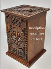 Load image into Gallery viewer, Celtic Cross Urn for Human Ashes carved in Cherry Hardwood in Keepsake, Adult, Oversize and Companion Sizes
