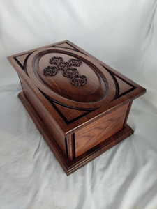 Handmade Carved Memorial Cremation Urn with Ornate Scroll Cross Carving