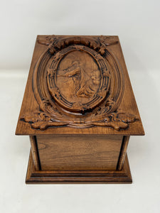 Wooden Cremation Urn with Jesus Praying Carving in Adult and Companion Size