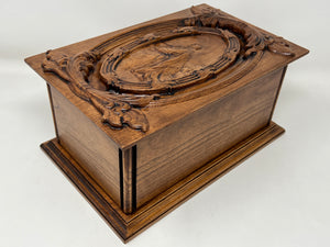 Wooden Cremation Urn with Jesus Praying Carving in Adult and Companion Size