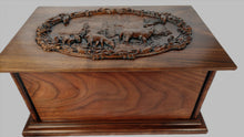 Load image into Gallery viewer, Handmade Carved Memorial Cremation Urn with Elk Mountain Scene Carving

