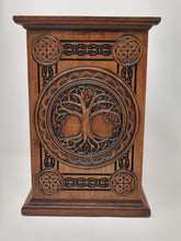 Load image into Gallery viewer, Urn for Human ashes with Celtic Tree of Life Urn carving in cherry hardwood.
