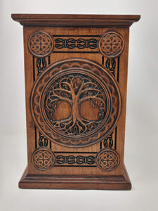 Urn for Human ashes with Celtic Tree of Life Urn carving in cherry hardwood.